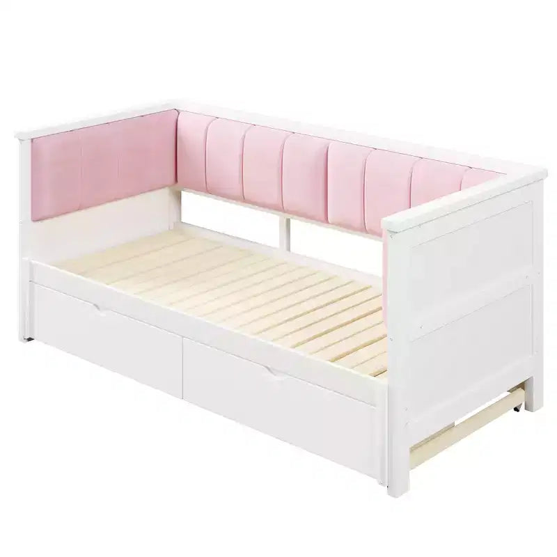 Lit de repos extensible ModernLuxe de taille jumeau XL à très grand lit avec 2 tiroirs, lit plateforme avec dossier rembourré et lit gigogne, blanc+rose