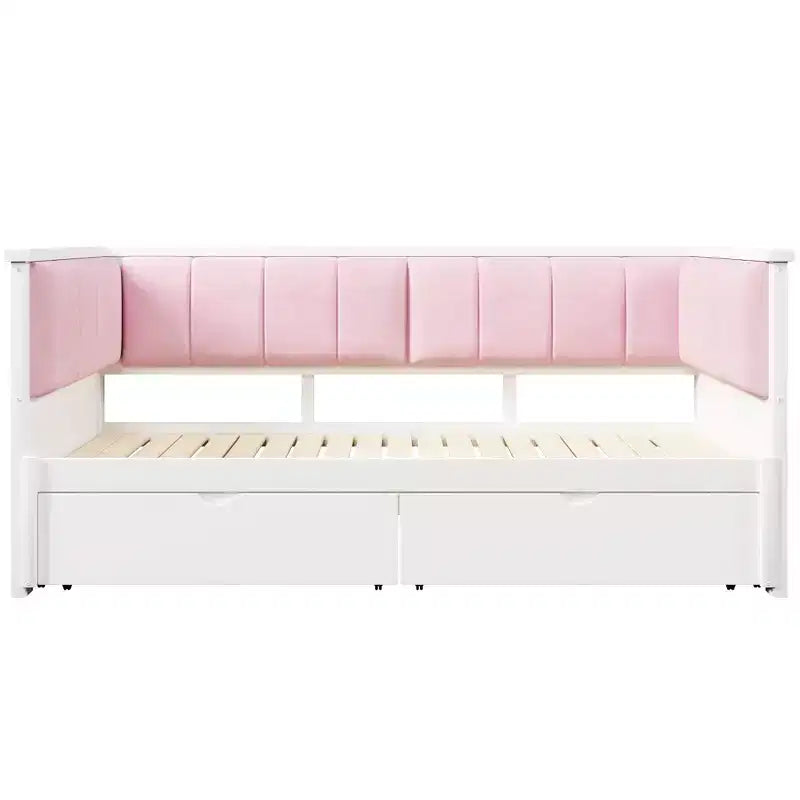 Lit de repos extensible ModernLuxe de taille jumeau XL à très grand lit avec 2 tiroirs, lit plateforme avec dossier rembourré et lit gigogne, blanc+rose