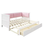 Lit de repos extensible ModernLuxe de taille jumeau XL à très grand lit avec 2 tiroirs, lit plateforme avec dossier rembourré et lit gigogne, blanc+rose