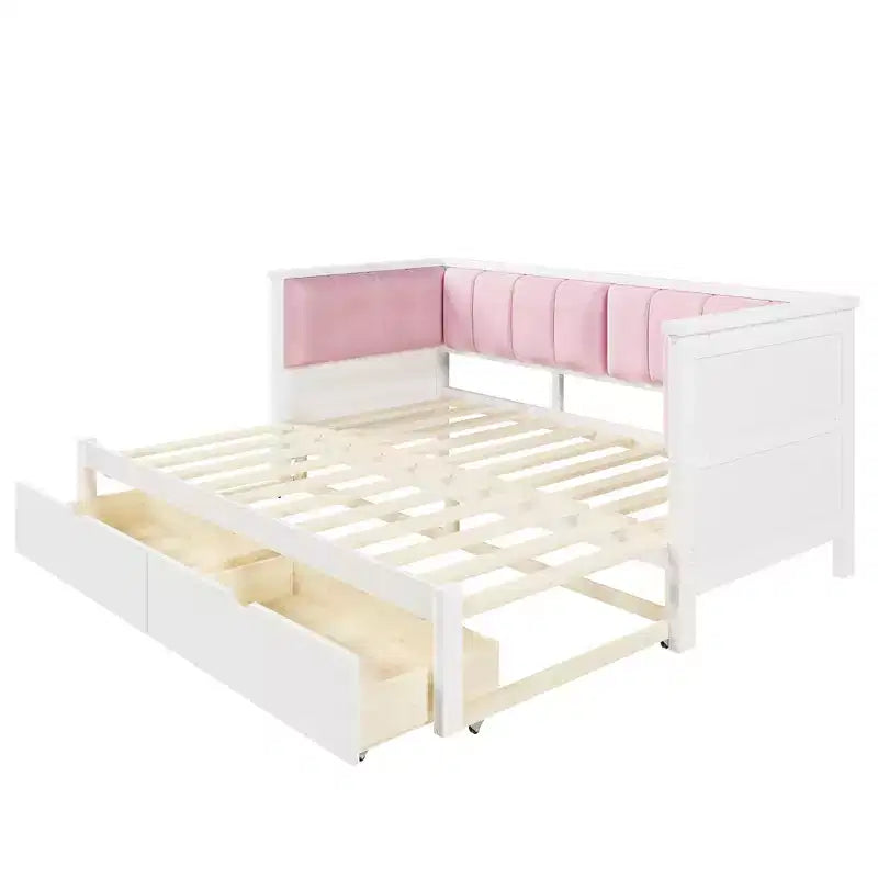 Lit de repos extensible ModernLuxe de taille jumeau XL à très grand lit avec 2 tiroirs, lit plateforme avec dossier rembourré et lit gigogne, blanc+rose