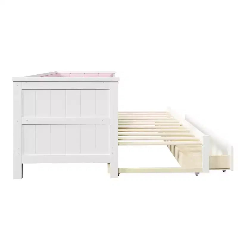 Lit de repos extensible ModernLuxe de taille jumeau XL à très grand lit avec 2 tiroirs, lit plateforme avec dossier rembourré et lit gigogne, blanc+rose