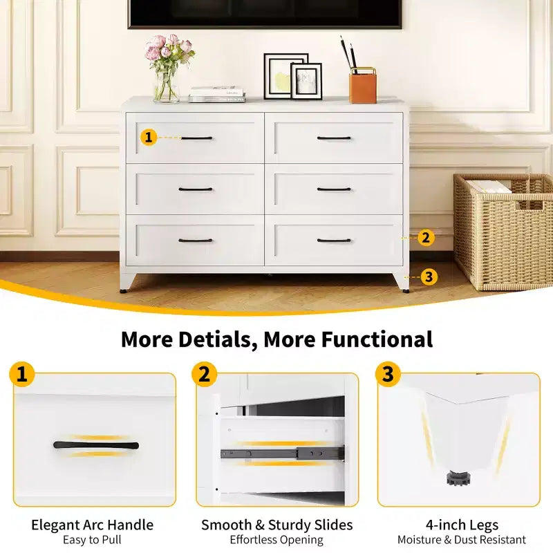 Commode à 6 tiroirs pour chambre à coucher, commode de rangement métallique moderne avec tiroirs coulissants, armoire compacte pour dressing, couloir, entrée