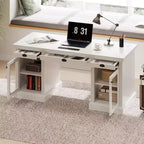67 Bureau de direction moderne avec tiroirs et armoire, bureau d'ordinateur de bureau avec ports USB, poste de travail, blanc - ModernLuxe