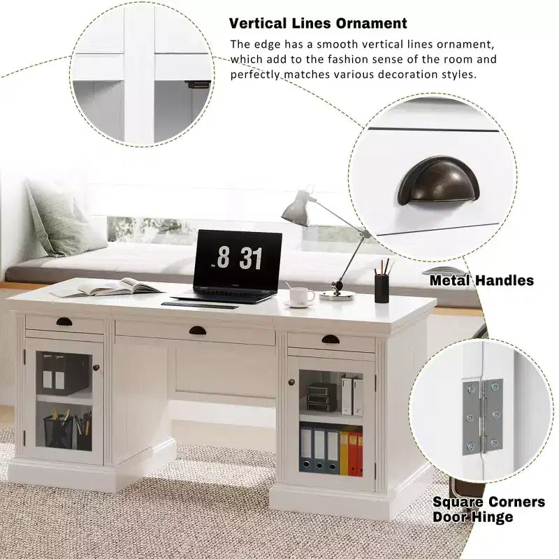 67 Bureau de direction moderne avec tiroirs et armoire, bureau d'ordinateur de bureau avec ports USB, poste de travail, blanc - ModernLuxe