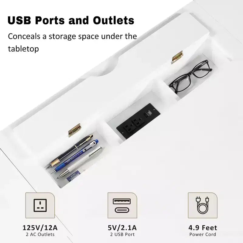 67 Bureau de direction moderne avec tiroirs et armoire, bureau d'ordinateur de bureau avec ports USB, poste de travail, blanc - ModernLuxe