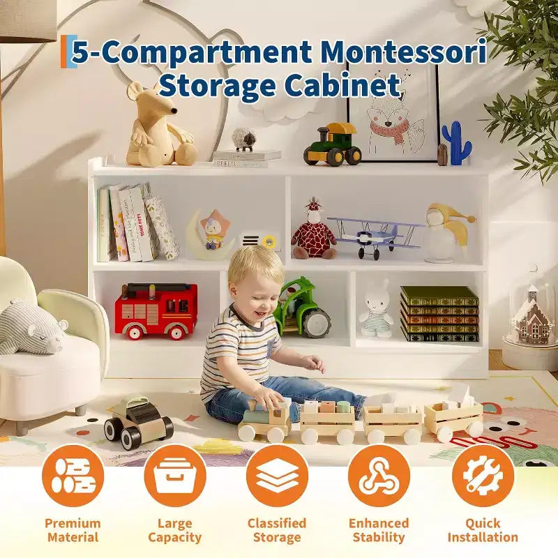 Étagère en bois à 5 sections et 2 niveaux, étagère ouverte pour livres d'enfants, organisateur de jouets, pour la maison, le salon
