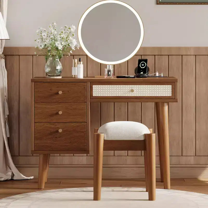 39-Inch Modern Makeup Vanity Desk with Mirror and Lights, 3 Drawers, Built-In Power Hub and Matching Stool for Bedroom