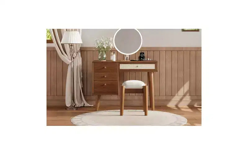 Coiffeuse moderne de 39 pouces avec miroir et lumières, 3 tiroirs, bloc d'alimentation intégré et tabouret assorti pour chambre à coucher