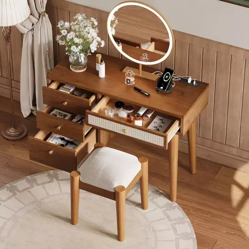 Coiffeuse moderne de 39 pouces avec miroir et lumières, 3 tiroirs, bloc d'alimentation intégré et tabouret assorti pour chambre à coucher
