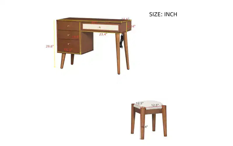 Coiffeuse moderne de 39 pouces avec miroir et lumières, 3 tiroirs, bloc d'alimentation intégré et tabouret assorti pour chambre à coucher