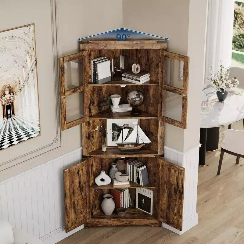 Meuble d'angle haut de 175 cm avec portes, meuble de rangement d'angle à 6 niveaux, étagère au sol peu encombrante pour salle de bain, salon, cuisine et couloir