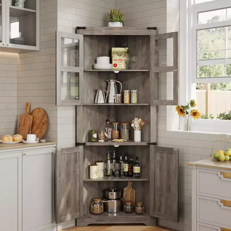 Meuble d'angle haut de 175 cm avec portes, meuble de rangement d'angle à 6 niveaux, étagère au sol peu encombrante pour salle de bain, salon, cuisine et couloir