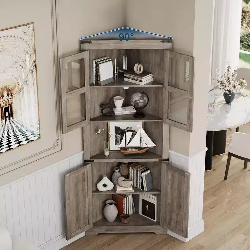 Meuble d'angle haut de 175 cm avec portes, meuble de rangement d'angle à 6 niveaux, étagère au sol peu encombrante pour salle de bain, salon, cuisine et couloir