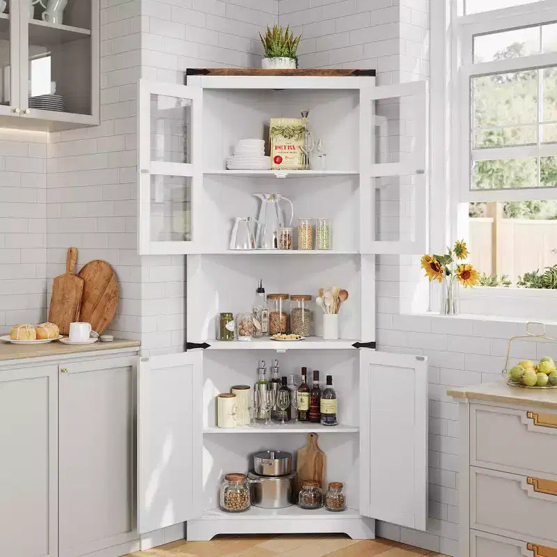 Meuble d'angle haut de 175 cm avec portes, meuble de rangement d'angle à 6 niveaux, étagère au sol peu encombrante pour salle de bain, salon, cuisine et couloir