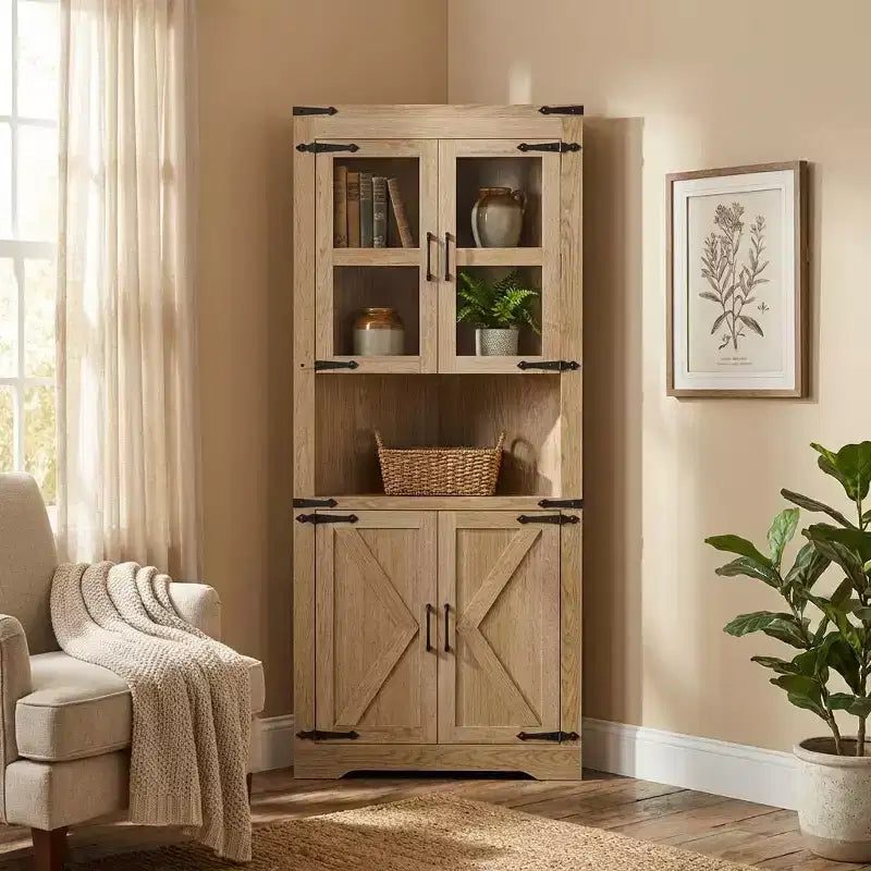 Meuble d'angle haut de 175 cm avec portes, meuble de rangement d'angle à 6 niveaux, étagère au sol peu encombrante pour salle de bain, salon, cuisine et couloir
