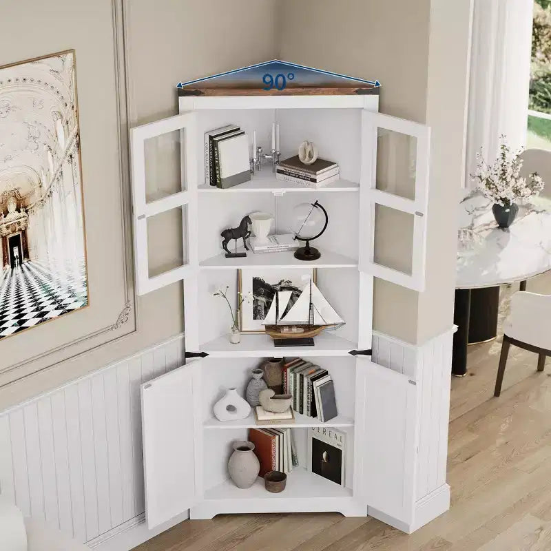 Meuble d'angle haut de 175 cm avec portes, meuble de rangement d'angle à 6 niveaux, étagère au sol peu encombrante pour salle de bain, salon, cuisine et couloir
