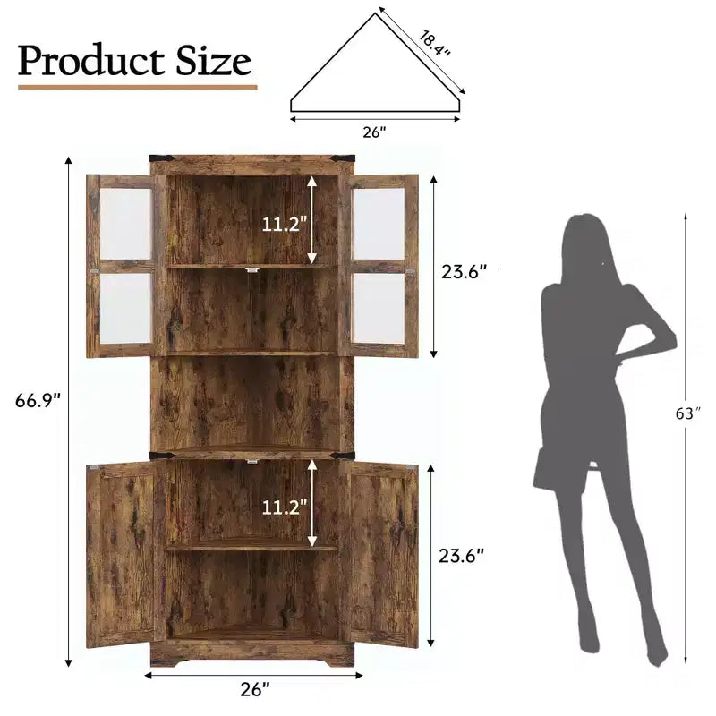 Meuble d'angle haut de 175 cm avec portes, meuble de rangement d'angle à 6 niveaux, étagère au sol peu encombrante pour salle de bain, salon, cuisine et couloir