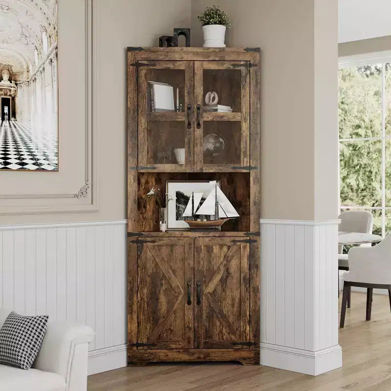 Meuble d'angle haut de 175 cm avec portes, meuble de rangement d'angle à 6 niveaux, étagère au sol peu encombrante pour salle de bain, salon, cuisine et couloir