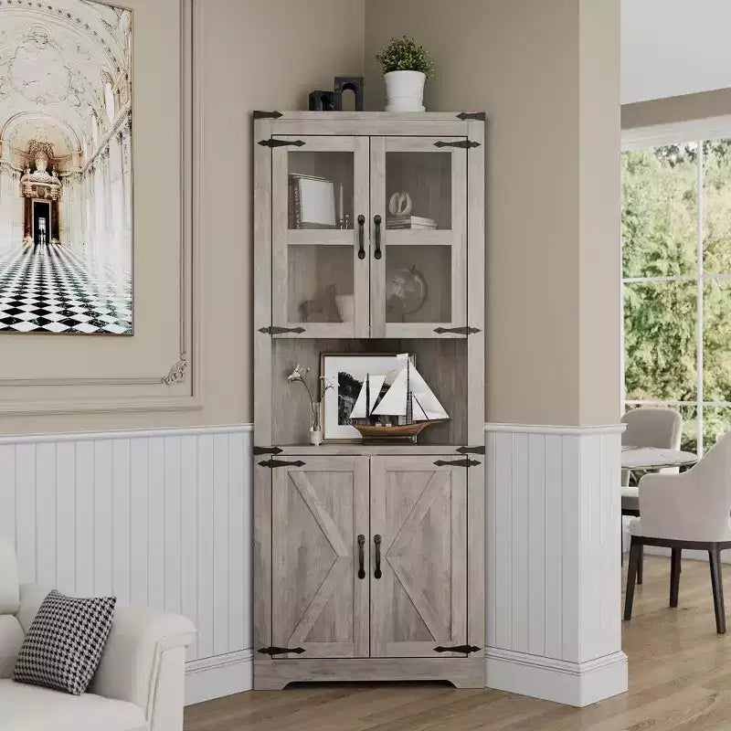 Meuble d'angle haut de 175 cm avec portes, meuble de rangement d'angle à 6 niveaux, étagère au sol peu encombrante pour salle de bain, salon, cuisine et couloir
