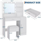 Coiffeuse de 89,9 cm avec miroir LED intelligent à 3 niveaux, station de charge, tiroir de rangement, armoire et tabouret en PU pour chambre à coucher ou salon