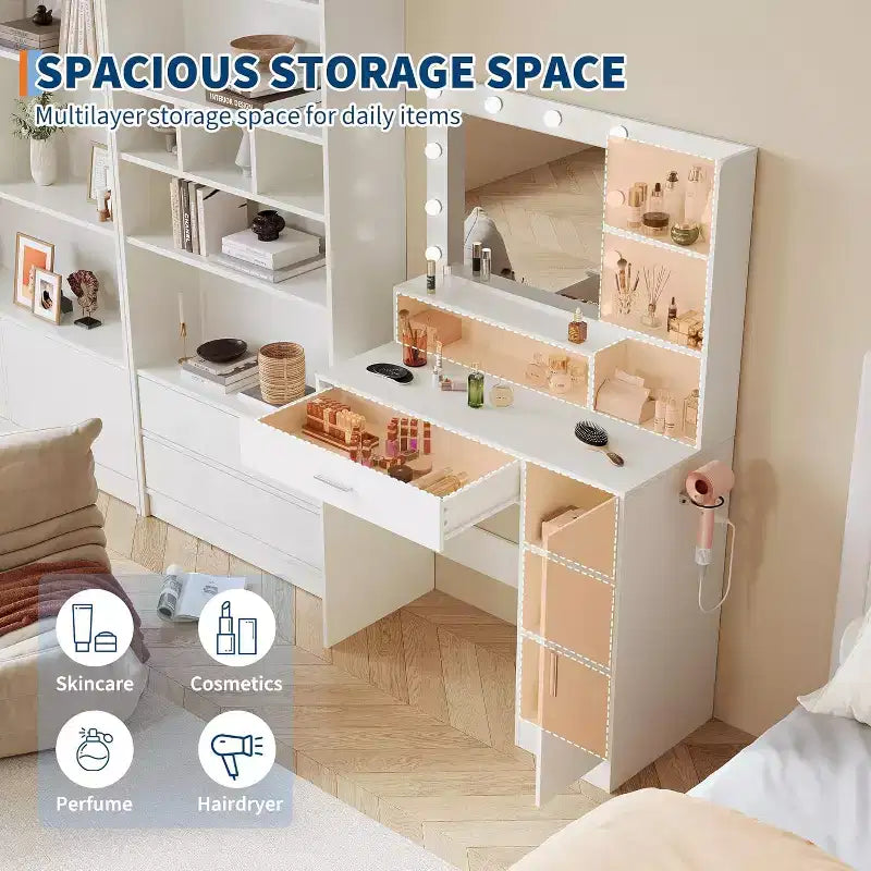 Coiffeuse de 89,9 cm avec miroir LED intelligent à 3 niveaux, station de charge, tiroir de rangement, armoire et tabouret en PU pour chambre à coucher ou salon