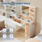 Coiffeuse de 89,9 cm avec miroir LED intelligent à 3 niveaux, station de charge, tiroir de rangement, armoire et tabouret en PU pour chambre à coucher ou salon