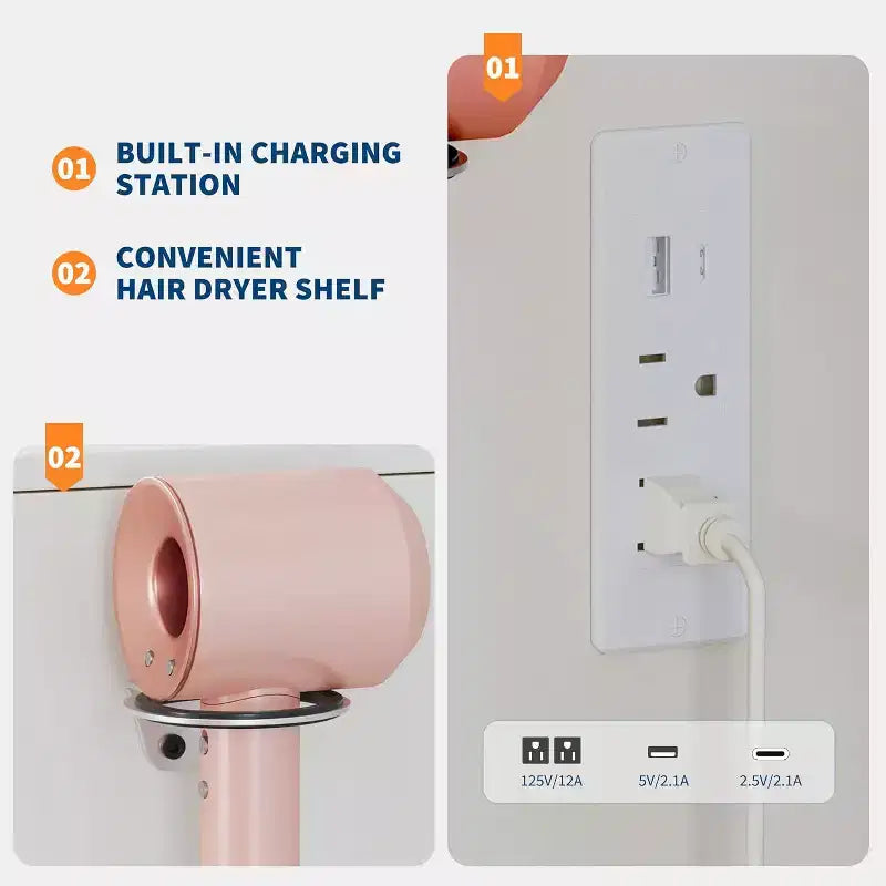 Coiffeuse de 89,9 cm avec miroir LED intelligent à 3 niveaux, station de charge, tiroir de rangement, armoire et tabouret en PU pour chambre à coucher ou salon