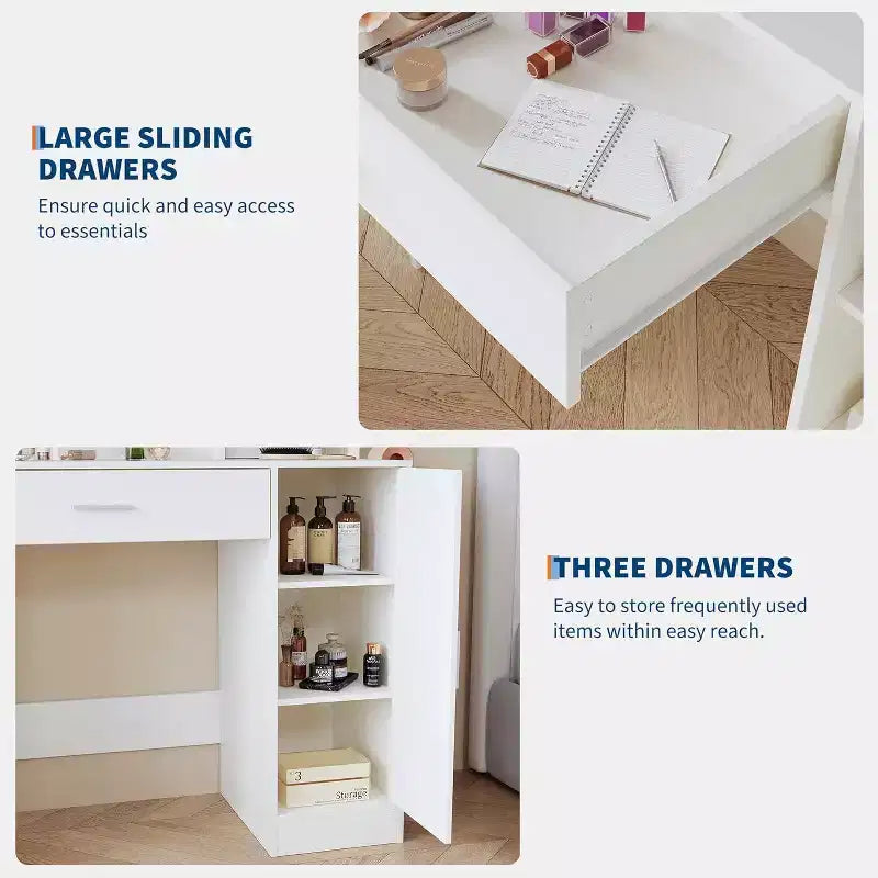 Coiffeuse de 89,9 cm avec miroir LED intelligent à 3 niveaux, station de charge, tiroir de rangement, armoire et tabouret en PU pour chambre à coucher ou salon