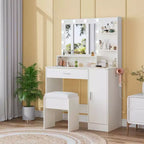Coiffeuse de 89,9 cm avec miroir LED intelligent à 3 niveaux, station de charge, tiroir de rangement, armoire et tabouret en PU pour chambre à coucher ou salon
