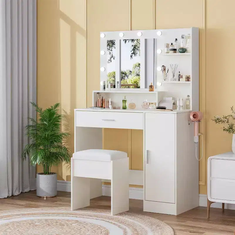 Coiffeuse de 89,9 cm avec miroir LED intelligent à 3 niveaux, station de charge, tiroir de rangement, armoire et tabouret en PU pour chambre à coucher ou salon