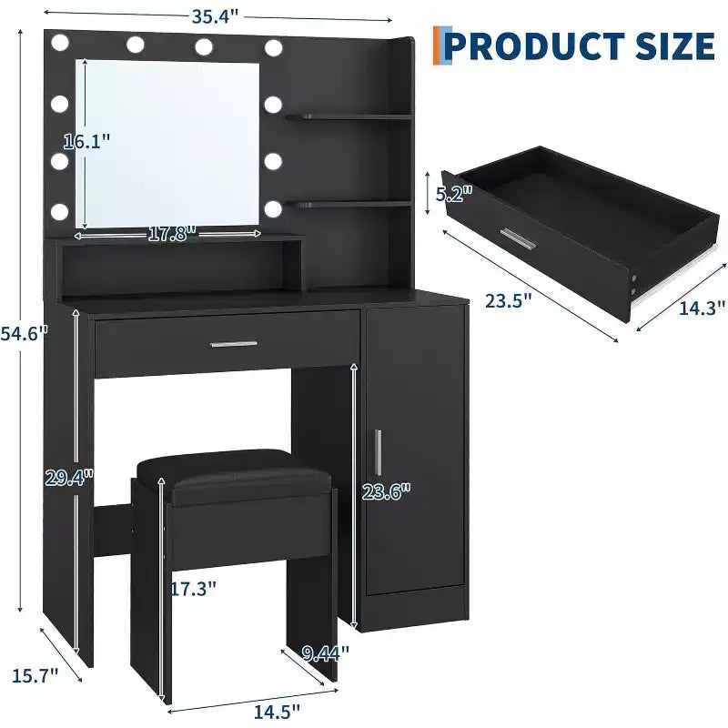 Coiffeuse de 89,9 cm avec miroir LED intelligent à 3 niveaux, station de charge, tiroir de rangement, armoire et tabouret en PU pour chambre à coucher ou salon