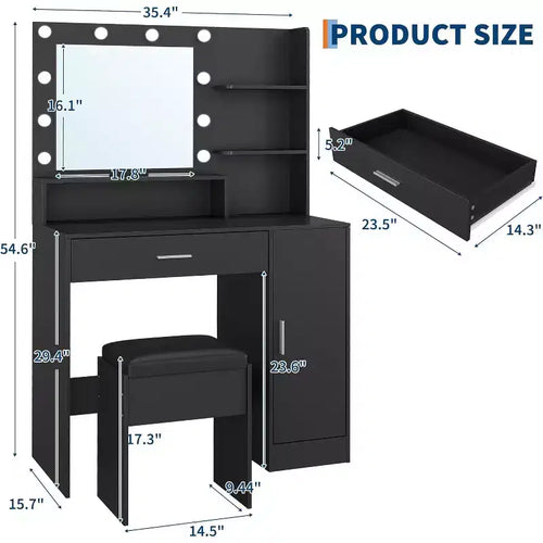 Coiffeuse de 89,9 cm avec miroir LED intelligent à 3 niveaux, station de charge, tiroir de rangement, armoire et tabouret en PU pour chambre à coucher ou salon