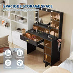 Coiffeuse de 89,9 cm avec miroir LED intelligent à 3 niveaux, station de charge, tiroir de rangement, armoire et tabouret en PU pour chambre à coucher ou salon