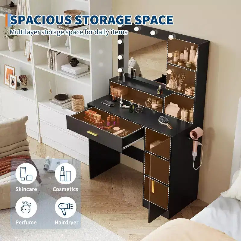 Coiffeuse de 89,9 cm avec miroir LED intelligent à 3 niveaux, station de charge, tiroir de rangement, armoire et tabouret en PU pour chambre à coucher ou salon
