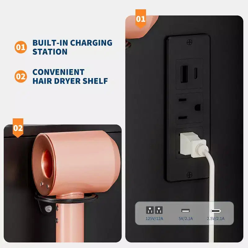 Coiffeuse de 89,9 cm avec miroir LED intelligent à 3 niveaux, station de charge, tiroir de rangement, armoire et tabouret en PU pour chambre à coucher ou salon