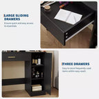Coiffeuse de 89,9 cm avec miroir LED intelligent à 3 niveaux, station de charge, tiroir de rangement, armoire et tabouret en PU pour chambre à coucher ou salon