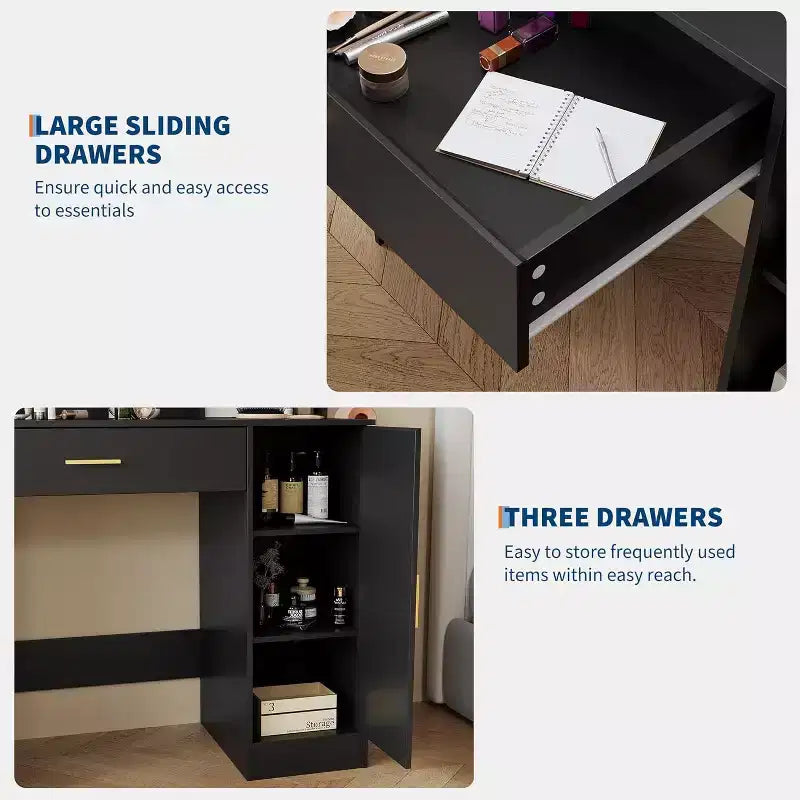 Coiffeuse de 89,9 cm avec miroir LED intelligent à 3 niveaux, station de charge, tiroir de rangement, armoire et tabouret en PU pour chambre à coucher ou salon
