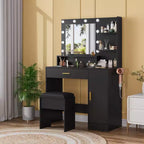 Coiffeuse de 89,9 cm avec miroir LED intelligent à 3 niveaux, station de charge, tiroir de rangement, armoire et tabouret en PU pour chambre à coucher ou salon