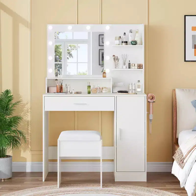 Coiffeuse de 89,9 cm avec miroir LED intelligent à 3 niveaux, station de charge, tiroir de rangement, armoire et tabouret en PU pour chambre à coucher ou salon