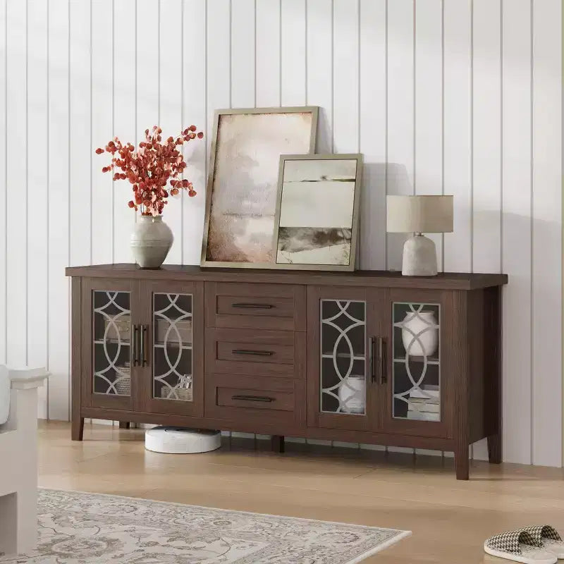 Meuble TV moderne pour téléviseurs jusqu'à 70 pouces, meuble de divertissement de 160 cm de long avec porte vitrée et 3 tiroirs, console TV en bois pour salon ou chambre à coucher