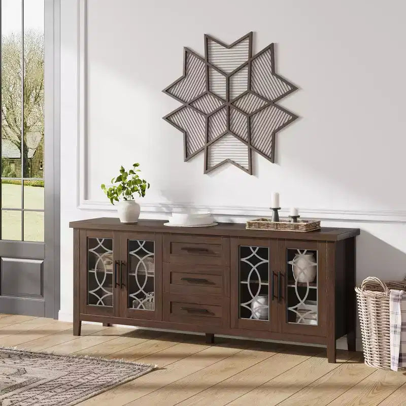 Meuble TV moderne pour téléviseurs jusqu'à 70 pouces, meuble de divertissement de 160 cm de long avec porte vitrée et 3 tiroirs, console TV en bois pour salon ou chambre à coucher