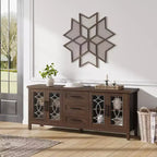 Meuble TV moderne pour téléviseurs jusqu'à 70 pouces, meuble de divertissement de 160 cm de long avec porte vitrée et 3 tiroirs, console TV en bois pour salon ou chambre à coucher