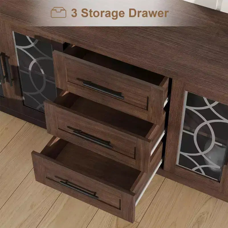 Meuble TV moderne pour téléviseurs jusqu'à 70 pouces, meuble de divertissement de 160 cm de long avec porte vitrée et 3 tiroirs, console TV en bois pour salon ou chambre à coucher