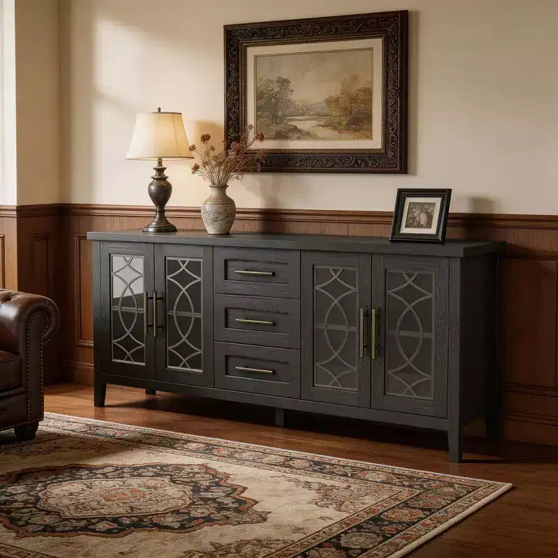 Meuble TV moderne pour téléviseurs jusqu'à 70 pouces, meuble de divertissement de 160 cm de long avec porte vitrée et 3 tiroirs, console TV en bois pour salon ou chambre à coucher