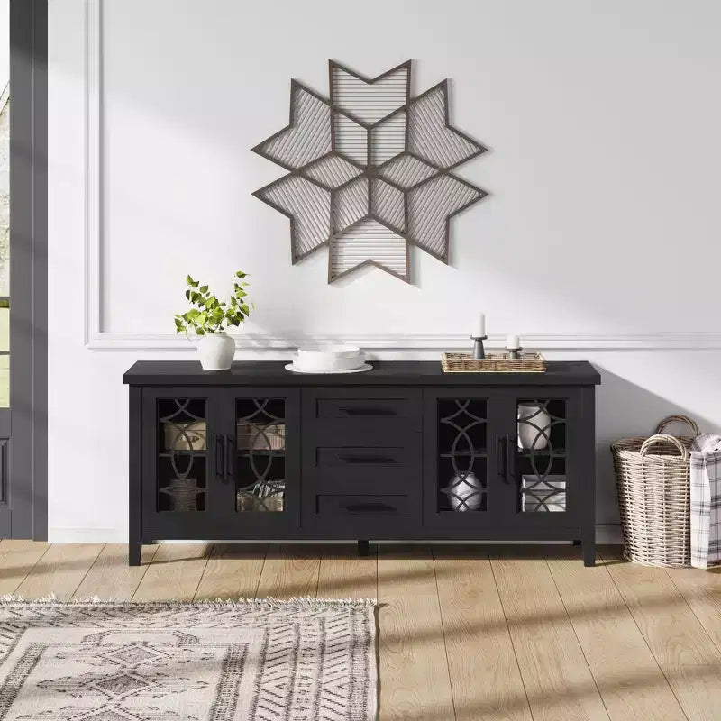 Meuble TV moderne pour téléviseurs jusqu'à 70 pouces, meuble de divertissement de 160 cm de long avec porte vitrée et 3 tiroirs, console TV en bois pour salon ou chambre à coucher