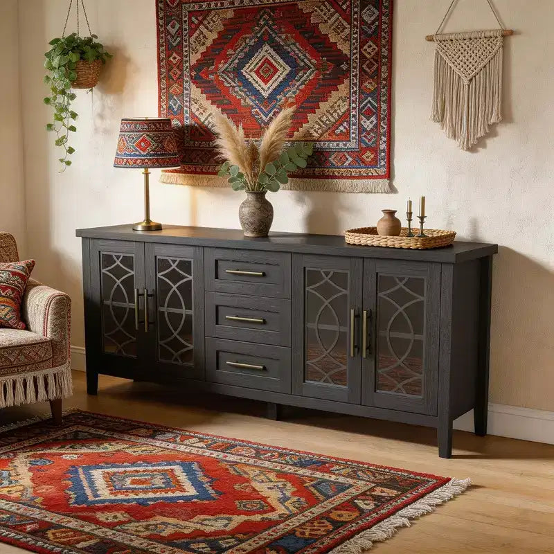 Meuble TV moderne pour téléviseurs jusqu'à 70 pouces, meuble de divertissement de 160 cm de long avec porte vitrée et 3 tiroirs, console TV en bois pour salon ou chambre à coucher