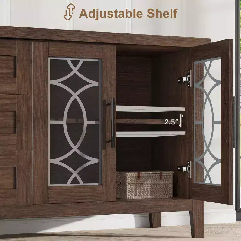 Meuble TV moderne pour téléviseurs jusqu'à 70 pouces, meuble de divertissement de 160 cm de long avec porte vitrée et 3 tiroirs, console TV en bois pour salon ou chambre à coucher