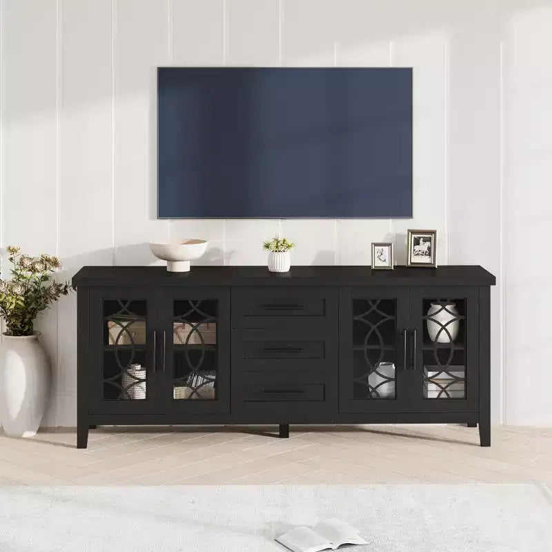 Modern TV Stand for TVs up to 70, 63 Long Entertainment Center with Glass Door & 3 Drawer, Wooden TV Console Table for Living Room Bedroom