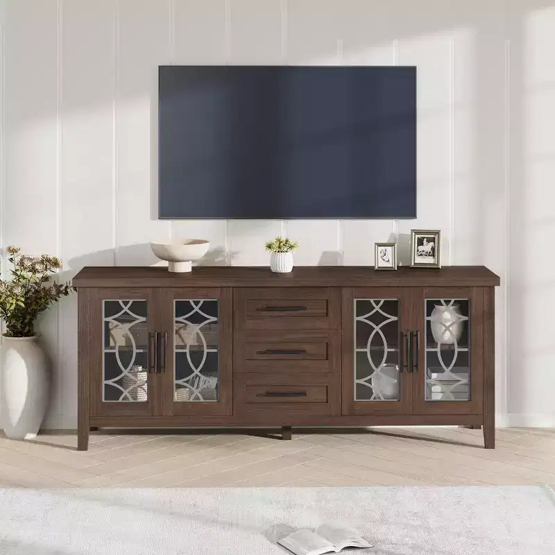 Meuble TV moderne pour téléviseurs jusqu'à 70 pouces, meuble de divertissement de 160 cm de long avec porte vitrée et 3 tiroirs, console TV en bois pour salon ou chambre à coucher