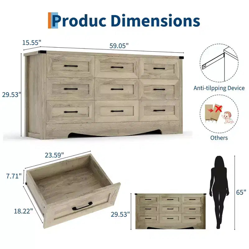 Commode à 9 tiroirs de 150 cm, commode de style rustique, meuble de rangement de style Mid-Century avec dispositif anti-basculement pour chambre à coucher et salon